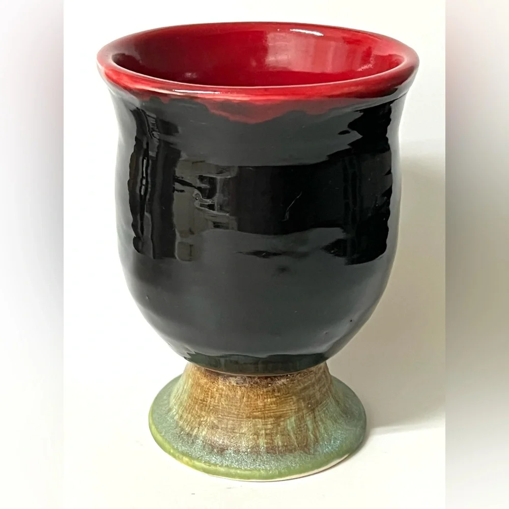 Handmade Studio Art Pottery Ceramic Red Brown Green Flower Vase Signed 5.5